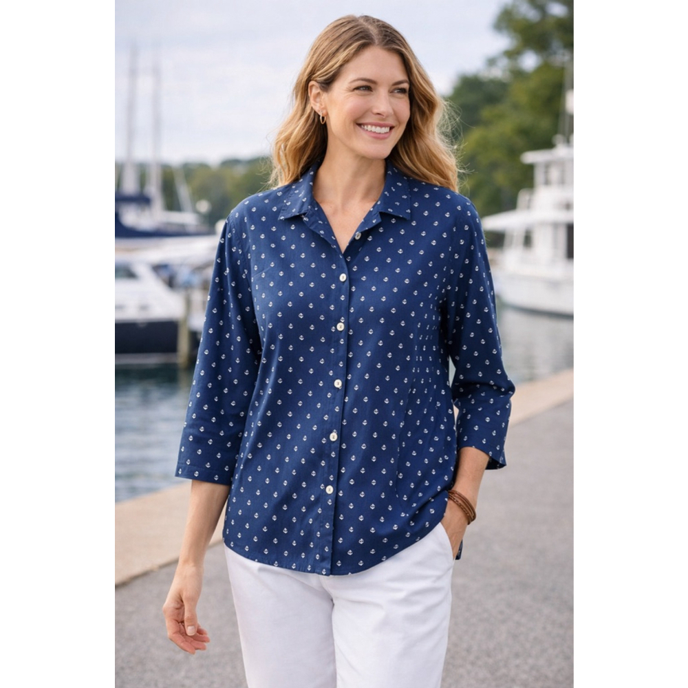 L.L. Bean Blue Anchor Print Wrinkle Free Button Front Shirt Women's Large